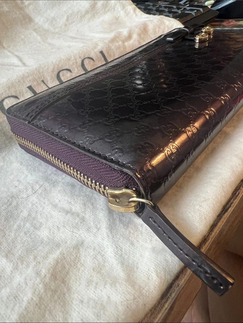 Gucci Purple Patent Leather Continental Zip Wallet with Gold Heart Pulls